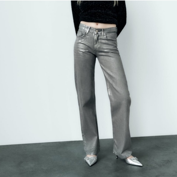 Zara Metallic Wide Leg Jeans Gray - Picture 14 of 16